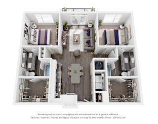 A 3D floor plan of a house with a kitchen, living room, and two bedrooms.
