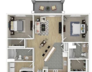 a furnished apartment with a bedroom and living room at The Station at River Crossing, Macon, Georgia