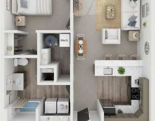 1 bed 1 bath floorplan B at Red Rock Apartments, Rapid City, 57702