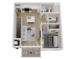 a stylized floor plan of a house with a bedroom and living room