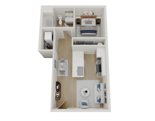 a 3d rendering of a bedroom with a bathroom and a living room