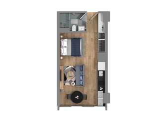 a bedroom with a desk and a bathroom