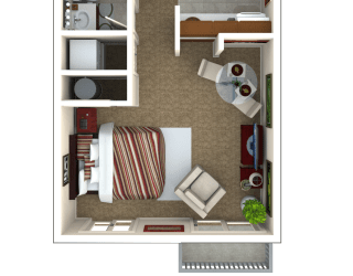 a 3d rendering of a bedroom floor plan with a living room and dining room