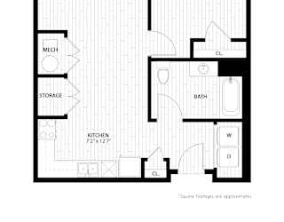 A black and white image of a floor plan for a balcony, living room, kitchen, bathroom, and bedroom.