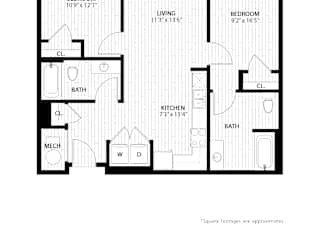 A black and white image of a floor plan for a house with a balcony, two bathrooms, a kitchen, a living room, and two bedrooms.