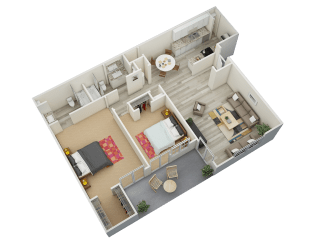 a 3d floor plan of a two bedroom apartment