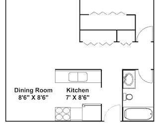 A floor plan of a small apartment with a living room, bedroom, dining room, and kitchen.
