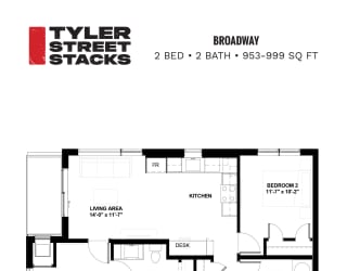 a floor plan of a bedroom apartment at Tyler Street Stacks, Minneapolis, 55413