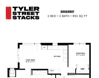 Broadway two bed, two bath, 953 square foot apartment floor plan at Tyler Street Stacks in Minneapolis, MN