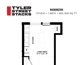 floor plan of a studio apartment at Tyler Street Stacks, Minneapolis, MN