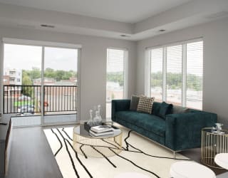 Joel 1 bedroom, living room with floor to ceiling windows and balconyat Urban Park I and II Apartments, Minnesota, 55426