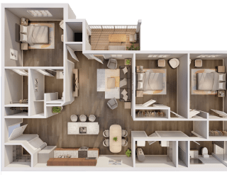 a 3d rendering of a furnished apartment with a bedroom and living room