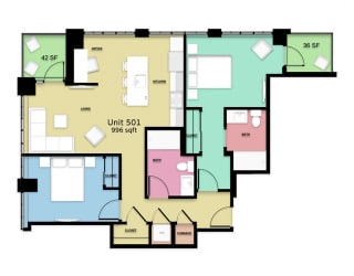 floor plan of a 3 bedroom apartment with a 1122 sq ft floor plan