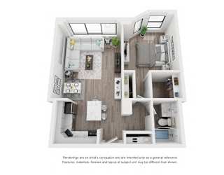 A white floor plan of a house with a kitchen, living room, and bedrooms.