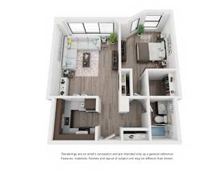 A white floor plan of a house with a kitchen, living room, and two bedrooms.