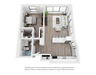 A top-down view of a modern apartment layout.