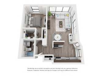 A white floor plan of a house with a kitchen, living room, and bathroom.
