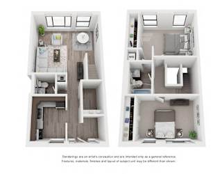 Two images of a small apartment layout with a kitchen, living room, and bedroom.
