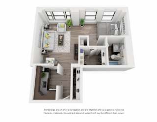 A 3D floor plan of a house with a living room, kitchen, dining room, and bedrooms.
