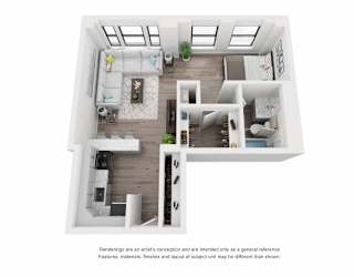 A white, minimalist floor plan of a two-story apartment with a living room, kitchen, and bedrooms.
