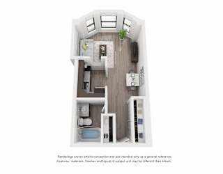 A white floor plan of a small apartment with a kitchen, living room, and bathroom.