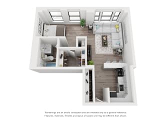 A white interior design rendering of a house with a living room, kitchen, and two bedrooms.