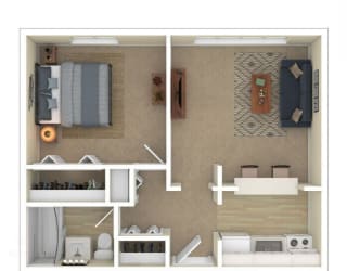 a stylized floor plan with a bedroom and living room