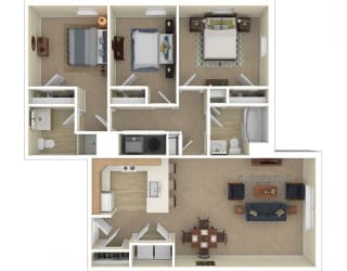 a bedroom floor plan with a living room and a kitchen