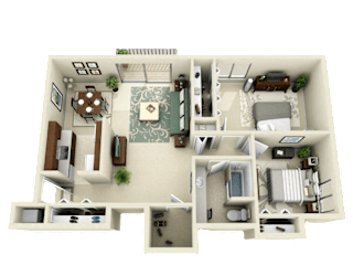 2 Bed 1 Bath 900 Sq. Ft. Floor Plan at Drawbridge Apartments East at Harrison Township, MI