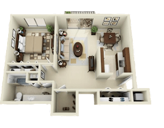 1 Bed 1 Bath Floor Plan at Knottingham Apartments, Clinton Township, MI 48036