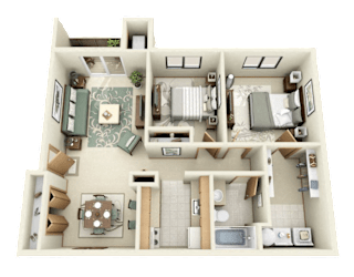 A detailed 3D floor plan of a house layout.
