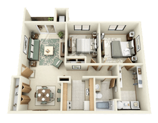 A 3D rendered image of a house layout.