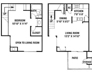 A floor plan of a two bedroom apartment with a living room, kitchen, and bathroom.