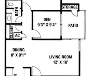 A floor plan of a small apartment with a living room, kitchen, den, and bath.