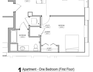 A floor plan of a one bedroom apartment on the first floor.