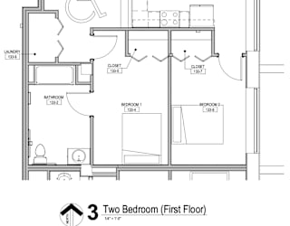 A floor plan of a two bedroom apartment on the first floor.
