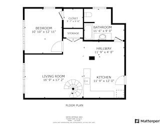 A floor plan of a house with a living room, kitchen, bathroom, bedroom and storage space.