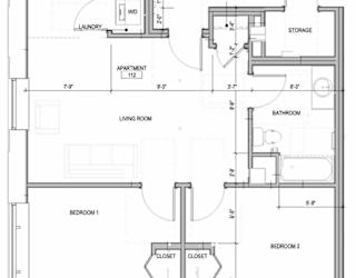 A black and white image of a floor plan for apartment 112.
