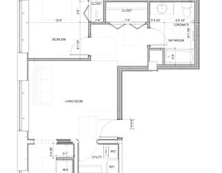 A floor plan of a house with a living room, kitchen, bedroom, bathroom and closet.