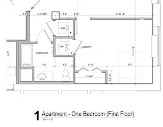 A floor plan of a one bedroom apartment on the first floor.