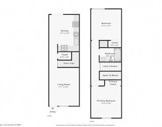 A floor plan of a property with a living room, kitchen, two closets, a bathroom and two bedrooms.