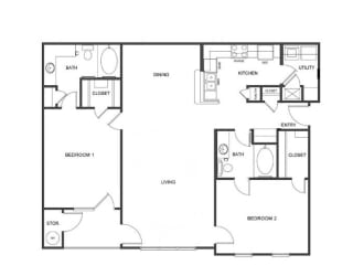 B2 (Traditional) Floor Plan at Island Park Apartments in Shreveport, Louisiana, LA