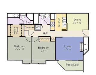 Magnolia floor plan with two bedrooms and 2 bathrooms, 920sqft, at Greensview apartments in Aurora CO