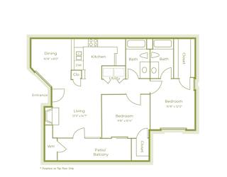 D floor plan, 968sqft, 2 bed 2 bath, at On The Green apartments in Austin, TX