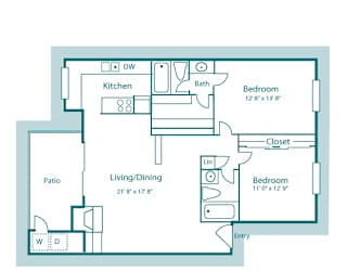 B1 floor plan, 1,088sqft, 2 bed, 2 bath, at Westdale Creek apartments in Austin, TX