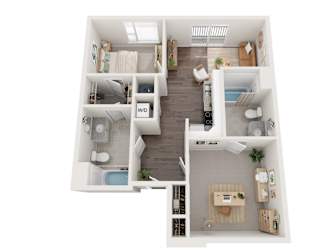 a stylized floor plan with a bedroom and a bathroom