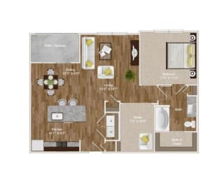 1 Bedroom and 1 Bathroom unit with kitchen island and a study/office space at Park at Rialto Apartments, San Antonio Texas