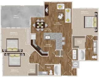 3 Bedroom and 2 Bathroom with L-shaped kitchen island and large patio space at Park at Rialto Apartments, San Antonio, TX