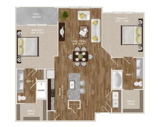 2 Bedroom and 2 Bathroom apartment with a kitchen island and balcony/patio at Park at Rialto Apartments, San Antonio