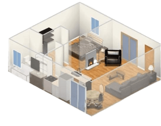 a floor plan of a room with a fireplace and a couch
